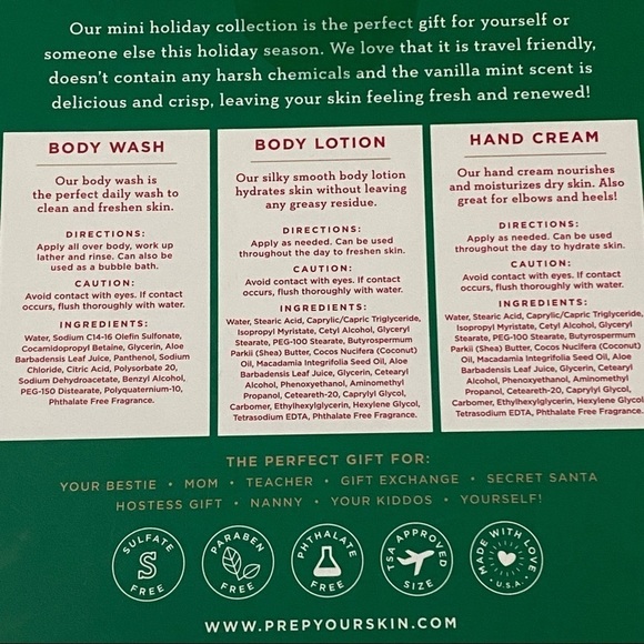 PREP Your Skin Mini Holiday Collection Vanilla Mint Body Wash, Lotion, Hand Crm - Picture 4 of 7